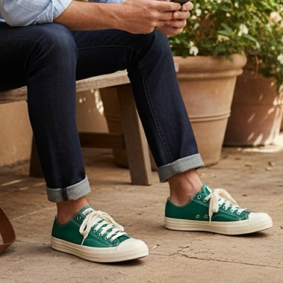 CONVERSE On the Green/Winter White (cream) Canvas Sneakers w/ green extra laces - Picture 4 of 16